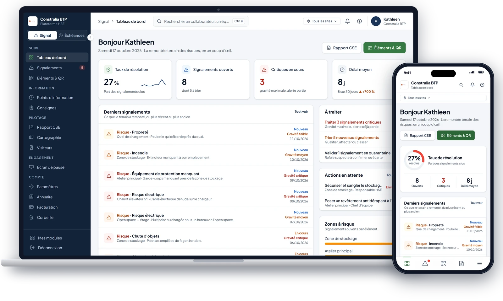 HSE Signal : le tableau de bord de la démonstration, sur ordinateur et sur téléphone